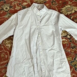 J Crew white striped ruffle neck button down shirt.  Size 4